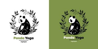 Vector Logo Illustration Panda Simple Mascot of Yoga Style. Logotype mark design template on white and green background.