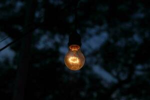 photo of yellow light bulb glowing at night