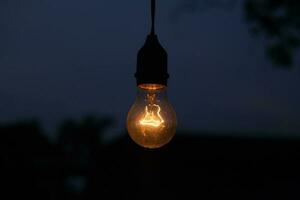 photo of yellow light bulb glowing at night