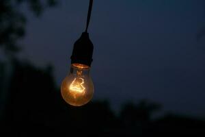 photo of yellow light bulb glowing at night