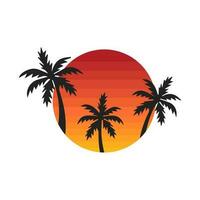 sunsets, beach and palm tree. style 80s, and 90s. Abstract background with a sunny gradient. Silhouettes of palm trees. Vector design template for logo, badges. Isolated white background.