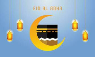 Eid Al Adha Greetings Background With Qaba, Crescent Moon, Lanterns Design Template vector