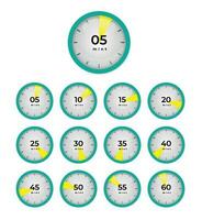 Set of cartoon style decent timer clocks with five minutes gap vector illustration