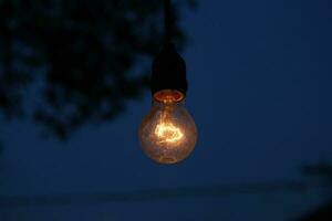 photo of yellow light bulb glowing at night