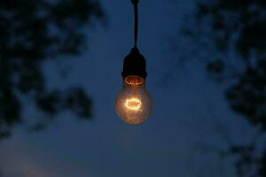 photo of yellow light bulb glowing at night