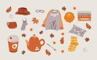 todas acerca de acogedor pegatina conjunto usado como pegatina icono calabaza suéter ,té ,otoño sombrero ,calcetines,otoño hojas, café vector