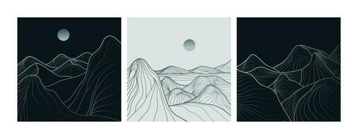 Hand drawn style of creative minimalist modern line art print. Natural abstract landscape background design on set. with mountains, island and sea. vector illustrations