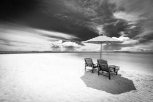 Dramatic sunrise on a beautiful sandy beach with sunshade, cloudy sky over white sand. Inspirational black and white process, horizon endless dream beach nature. photo