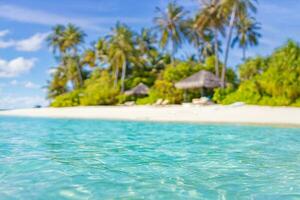 Summer vacation beach blurred background, view from blue sea. Peaceful nature concept, dream scene. Blur landscape beach, exotic holiday and travel destination concept photo