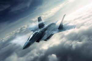 A futuristic fighter jet flying in the sky high speed photo