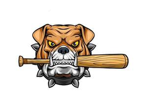 Vector illustration of a bulldog head biting a baseball bat very seriously,