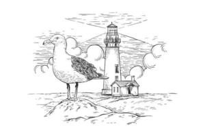 Lighthouse and seagull sketch vector illustration with artistic strokes