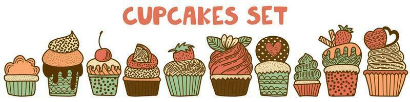 Set of cupcakes illustrations. Pack of Icon logo for bakery or patisseire. Muffins with biscuit cream fruits berries and chocolate. Sweet food desserts. Doodle vector elements.