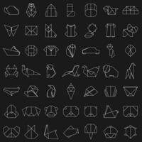 Set of isolated animals, insects, birds and objects in flat style. Outline Origami logo, icons on black background. Vector illustration