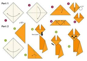 Fox origami scheme tutorial moving model. Origami for kids. Step by step how to make a cute origami fox. Vector illustration.