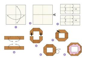 Donut origami scheme tutorial moving model. Origami for kids. Step by step how to make a cute origami doughnut. Vector illustration.