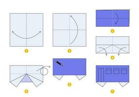 Bus origami scheme tutorial moving model. Origami for kids. Step by step how to make a cute origami car. Vector illustration.