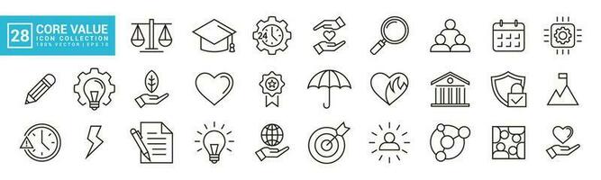 Core values icon set, filled with target, inspiration, energy, success, connection, editable and resizable vector icons EPS 10.