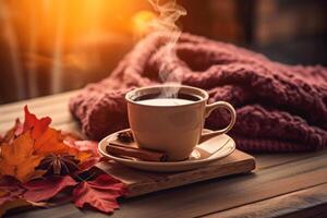 Autumn cozy background with coffee. Illustration photo