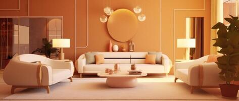 3D design of living room in beige colors. Illustration photo