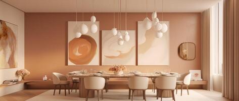 3D design of living room in beige colors. Illustration photo