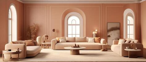 3D design of living room in beige colors. Illustration photo