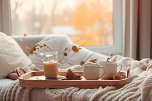 desayuno terminado sofá en Mañana luz de sol. otoño acogedor antecedentes. ilustración ai generativo foto