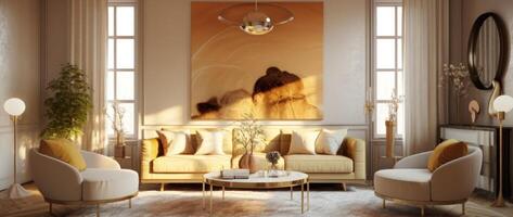 3D design of living room in beige colors. Illustration photo