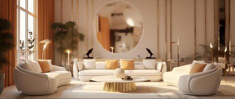 3d diseño de vivo habitación en beige colores. ilustración ai generativo foto