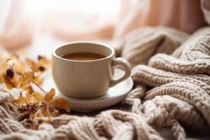 Autumn cozy background with coffee. Illustration photo