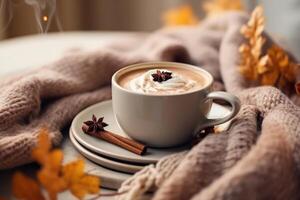 Autumn cozy background with coffee. Illustration photo