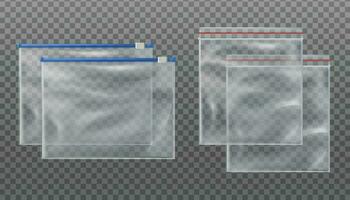 Collection of 3d realistic vectspor zip lock transparent bags and zip slider transparent bags. Empty mockup pouches in different sizes on background. vector