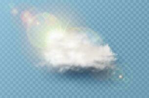 3d realistic vector icon. White cloud with sun rays. Isolated