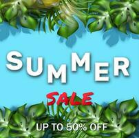 Vector summer sale banner template with tropical leaves.