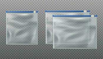 3d realistic vector blue zip slider bags. Empty mockup pouches in different sizes on background.