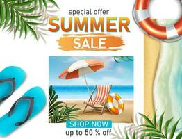 Vector summer sale horizontal banner template with summer beach elements, sun bed, umbrella and flats.