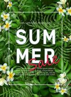 Vector big summer sale banner template with tropical leaves frame.