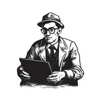nerd with laptop, vintage logo line art concept black and white color, hand drawn illustration vector