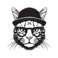 funny hipster cat, vintage logo line art concept black and white color, hand drawn illustration vector