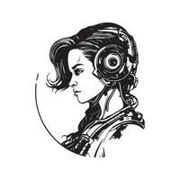 science fiction cyborg female, vintage logo line art concept black and white color, hand drawn illustration vector