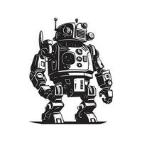 military robot, vintage logo line art concept black and white color, hand drawn illustration vector