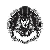 wolf magician, vintage logo line art concept black and white color, hand drawn illustration vector