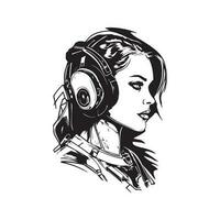 science fiction cyborg female, vintage logo line art concept black and white color, hand drawn illustration vector