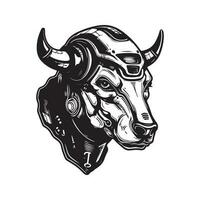 futuristic cow soldier, vintage logo line art concept black and white color, hand drawn illustration vector
