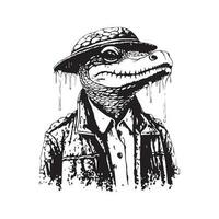 crocodile wearing rain coat, vintage logo line art concept black and white color, hand drawn illustration vector