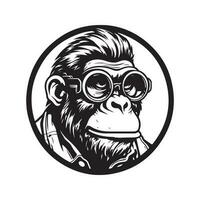 geek gorilla, vintage logo line art concept black and white color, hand drawn illustration vector