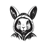 rabbit wearing hoodie, vintage logo line art concept black and white color, hand drawn illustration vector