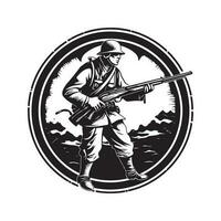 infantryman with weapon, vintage logo line art concept black and white color, hand drawn illustration vector