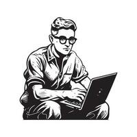 nerd with laptop, vintage logo line art concept black and white color, hand drawn illustration vector