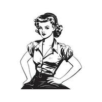 pretty pin up girl, vintage logo line art concept black and white color, hand drawn illustration vector